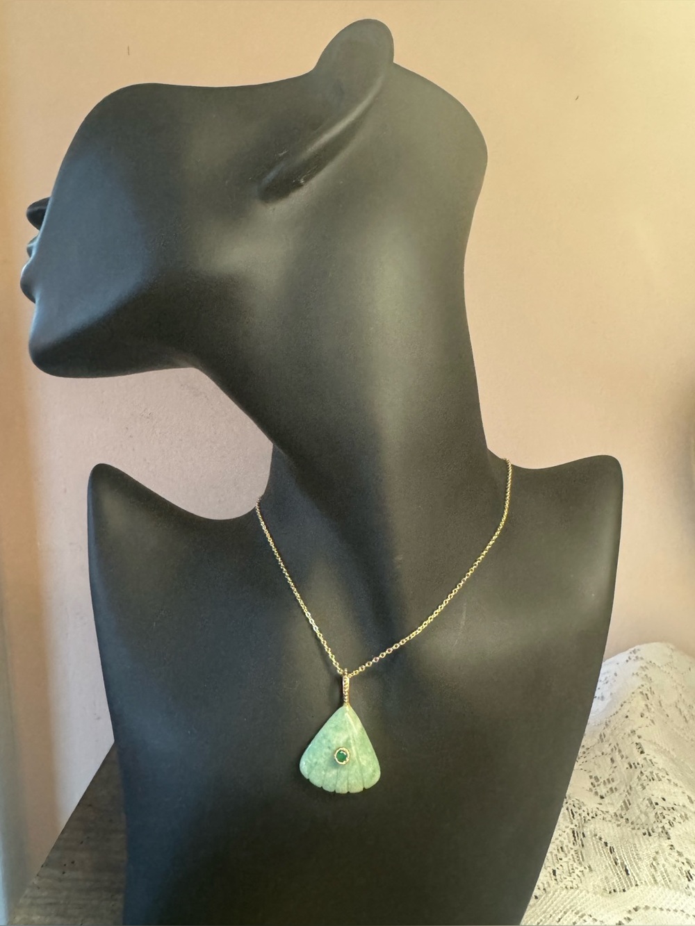Gold 16”Necklace with Green Pendant and CZ accent.